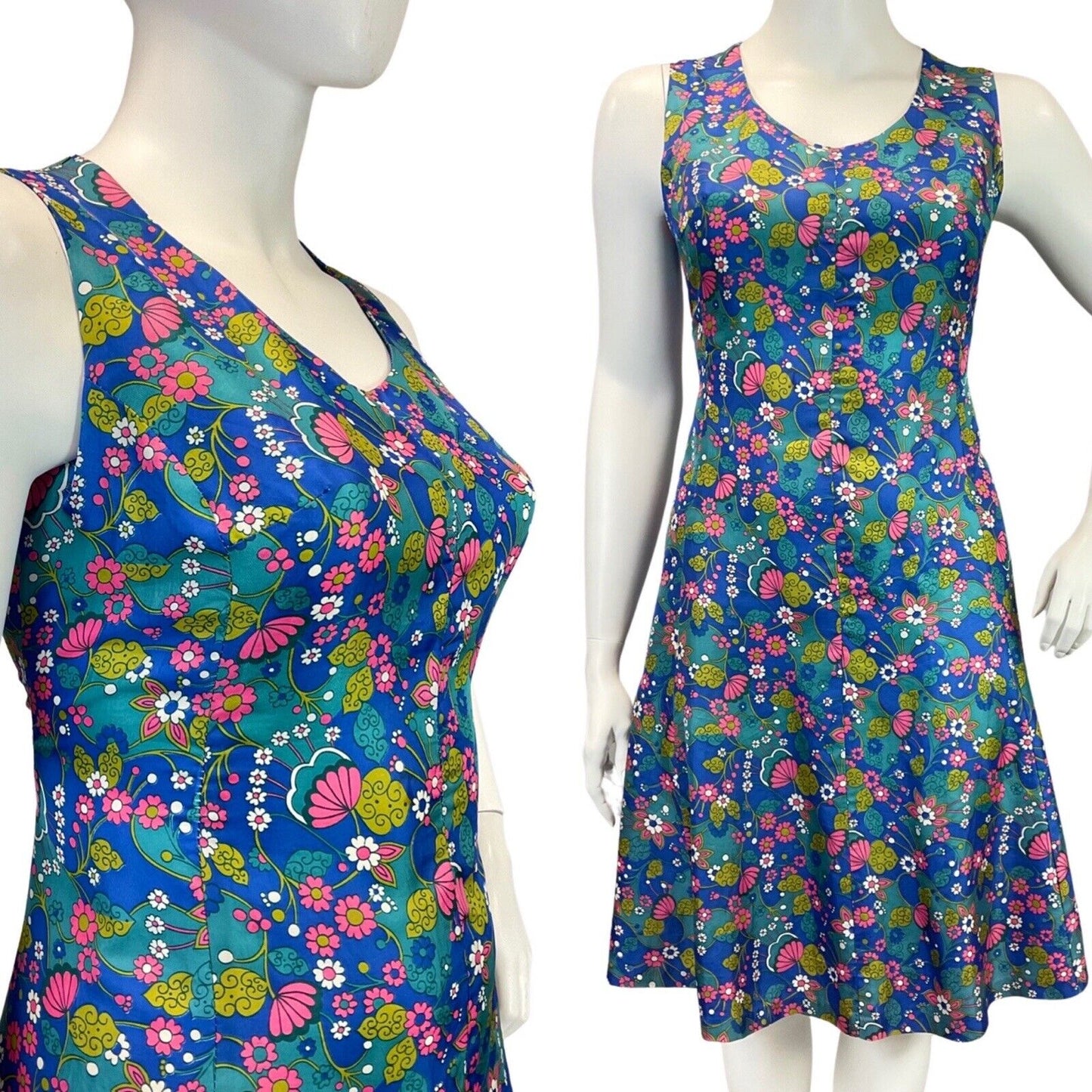VINTAGE 60s 70s BLUE PINK GREEN PSYCHEDELIC FLORAL DAISY SLEEVELESS DRESS 16