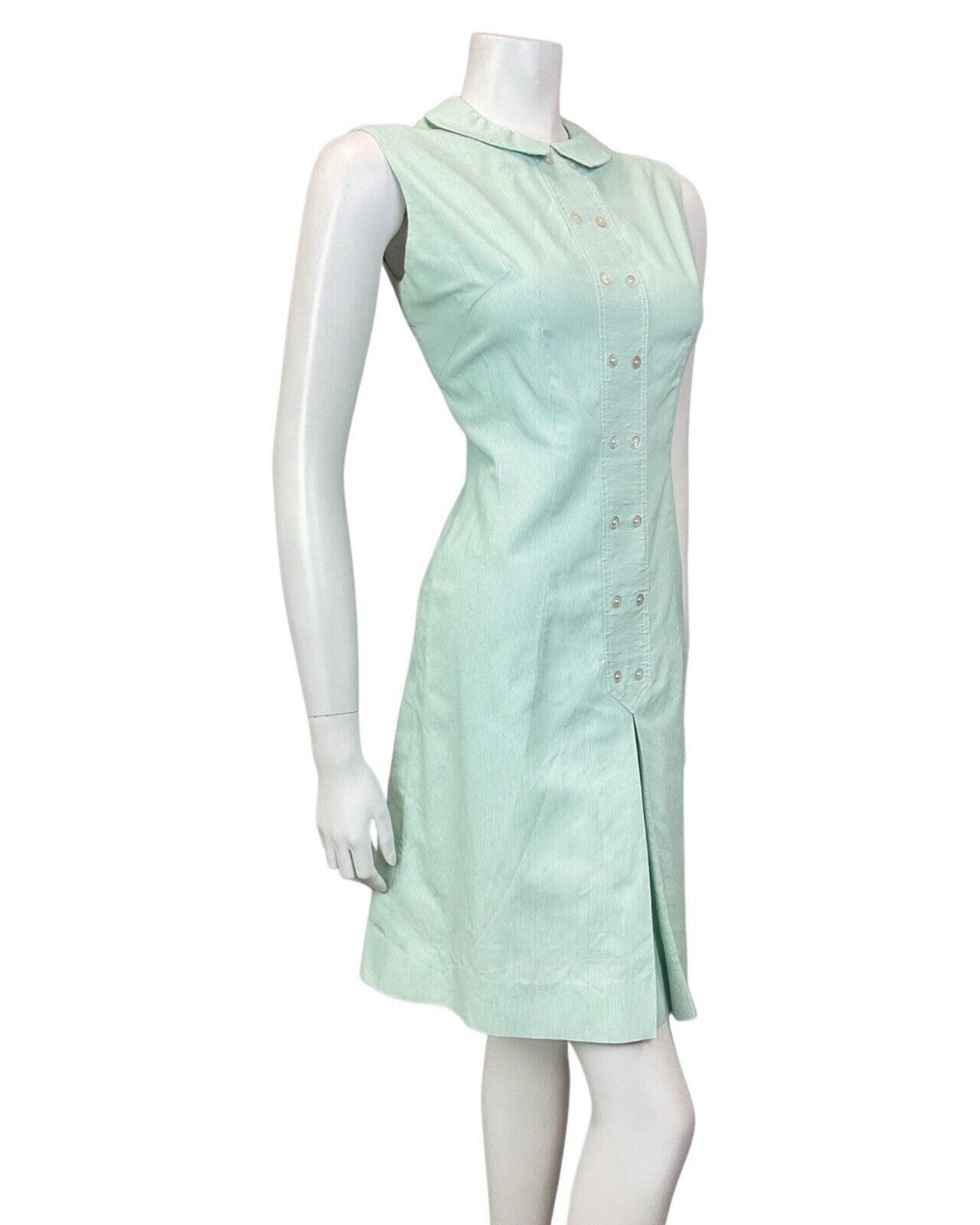 VINTAGE 60s 70s MINT GREEN WHITE PIN-STRIPE PETER PAN SLEEVELESS DRESS 12