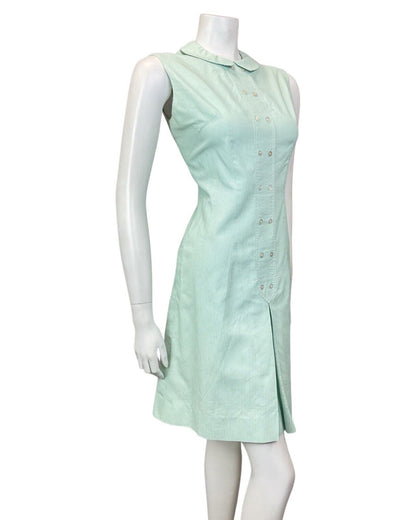 VINTAGE 60s 70s MINT GREEN WHITE PIN-STRIPE PETER PAN SLEEVELESS DRESS 12
