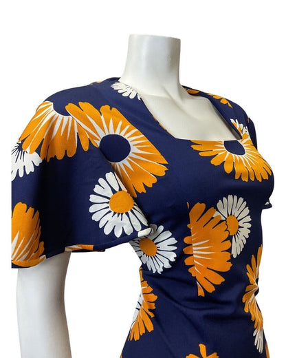 VINTAGE 60s 70s BLUE ORANGE WHITE DAISY FLOWER FLARED SLEEVE MOD DRESS 14 16