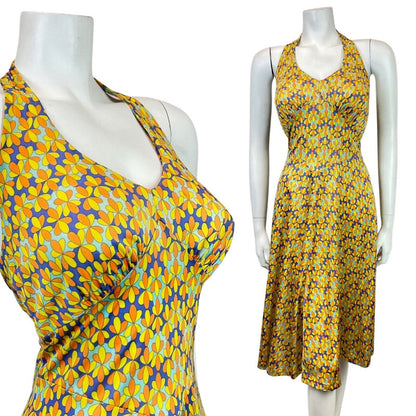VINTAGE 60s YELLOW BLUE FLORAL DOTTY PSYCHEDELIC MOD HALTER SWING DRESS 10