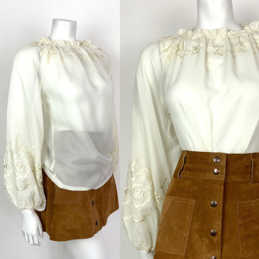 VTG 60s 70s CREAM EMBROIDERED FLORAL PUFF SLEEVE SHEER PEASANT BOHO TOP 8 10