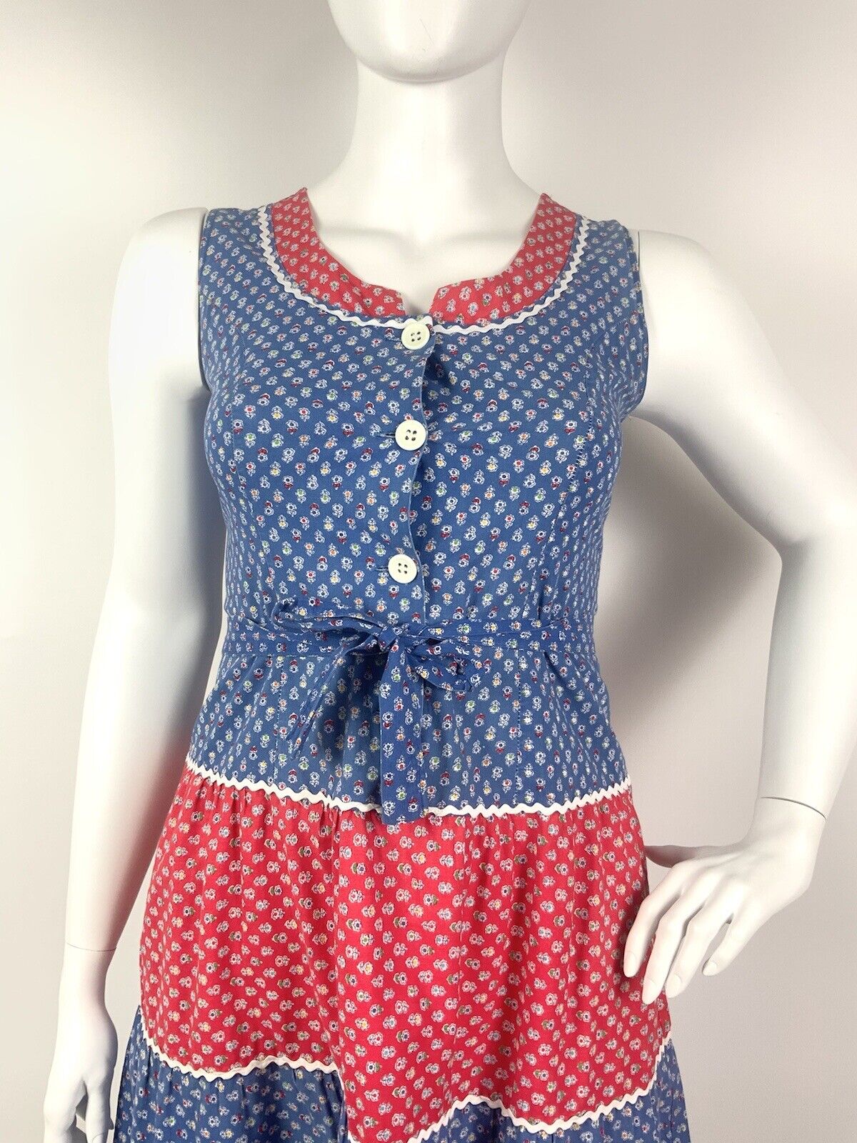 VTG 60s 70s BLUE RED WHITE FLORAL DITSY DAISY RIC RAC COTTAGE BOHO DRESS 14 16