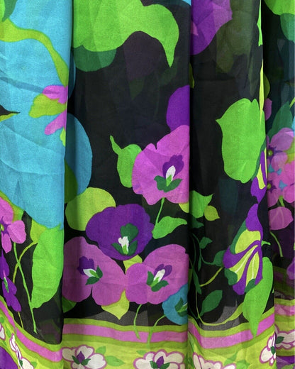 VINTAGE 60s 70s BLACK GREEN PURPLE FLORAL SHEER FLOATY SWING DRESS 14 16