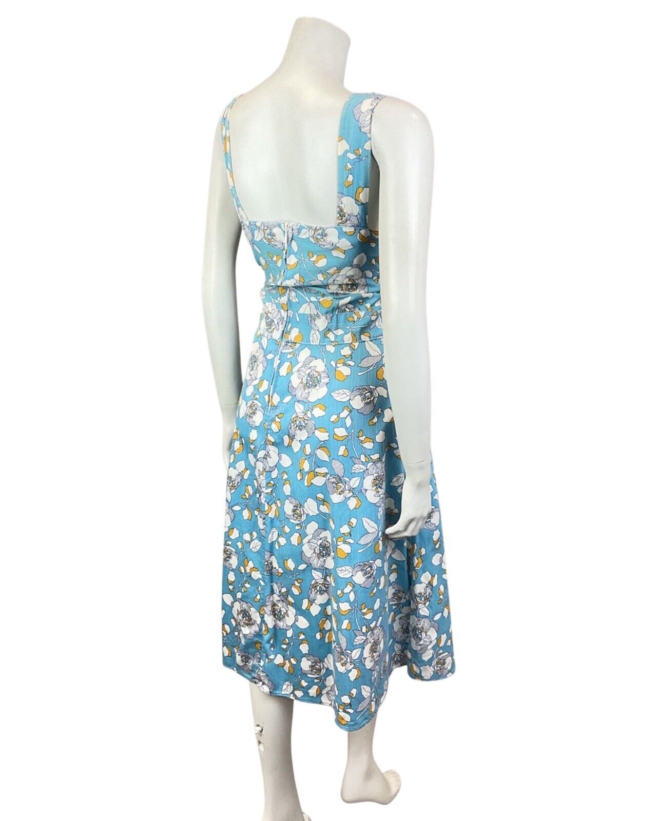 VINTAGE 60s 70s BLUE WHITE GOLD FLORAL LACE PINAFORE SUMMER DRESS 12 14