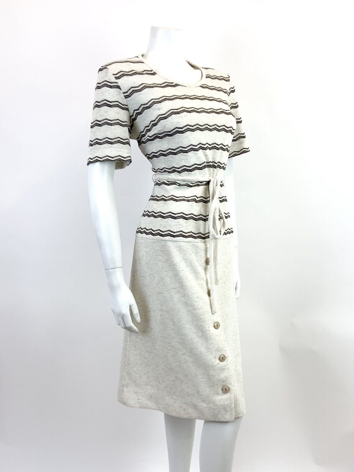VINTAGE 60s 70s CREAM BLUE WHITE ZIG-ZAG STRIPED KNITTED DROP WAIST DRESS 14 16