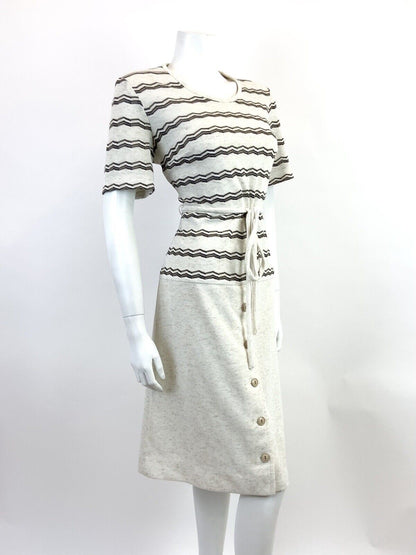 VINTAGE 60s 70s CREAM BLUE WHITE ZIG-ZAG STRIPED KNITTED DROP WAIST DRESS 14 16