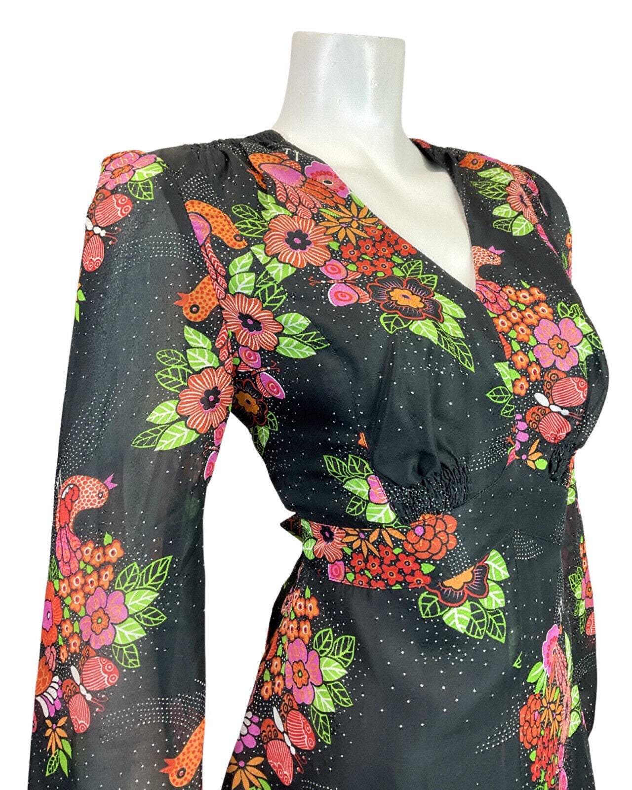VTG 60s 70s BLACK PINK GREEN FLORAL BIRD BUTTERFLY SHEER SWING DRESS 12