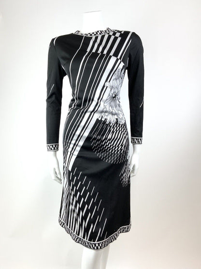 VINTAGE 60s 70s BLACK WHITE STRIPED FLORAL OP-ART FITTED KNEE-LENGTH DRESS 12 14