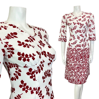VINTAGE 60s 70s WHITE WINE RED BRANCH LEAFY FLORAL KNEE-LENGTH DRESS 8