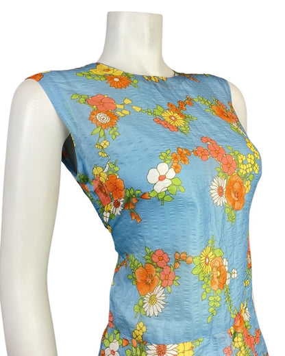 VINTAGE 60s 70s BLUE ORANGE WHITE FLOWER POPPY VINE LEAF SUMMER DRESS 8 10