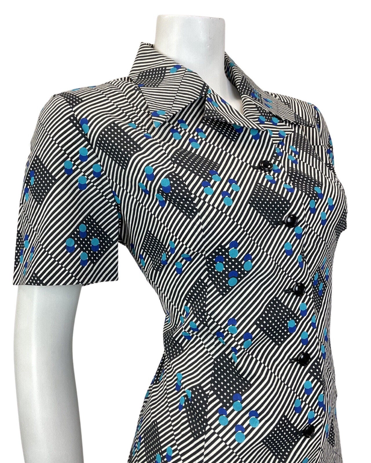 VINTAGE 60s 70s BLACK WHITE BLUE STRIPED GEOMETRIC MOD DAGGER SHIRT DRESS 12 14