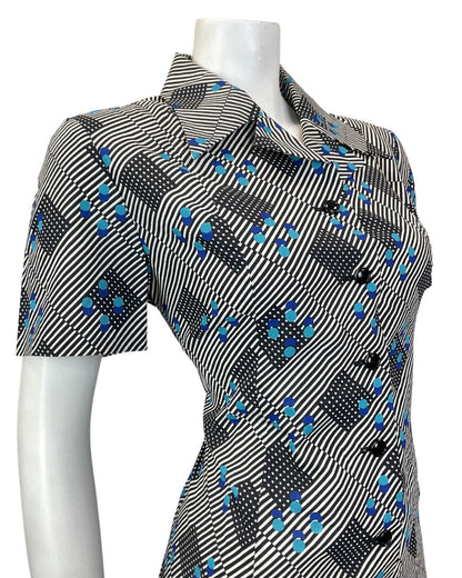 VINTAGE 60s 70s BLACK WHITE BLUE STRIPED GEOMETRIC MOD DAGGER SHIRT DRESS 12 14