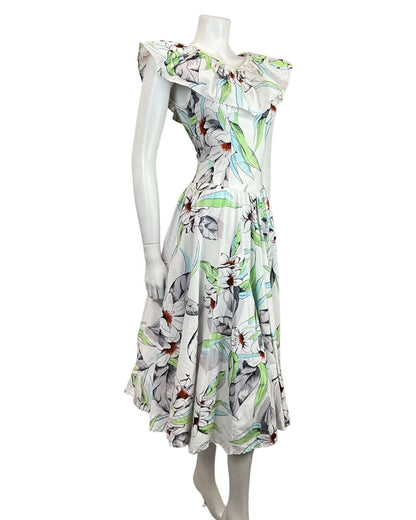 VINTAGE 60s 70s WHITE GREEN BLACK FLORAL LEAFY SLEEVELESS SUMMER SWING DRESS 6