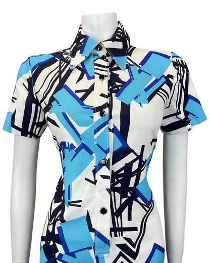 VINTAGE 60s 70s WHITE BLUE NAVY GEOMETRIC MOD DAGGER SHIRT DRES 10 12