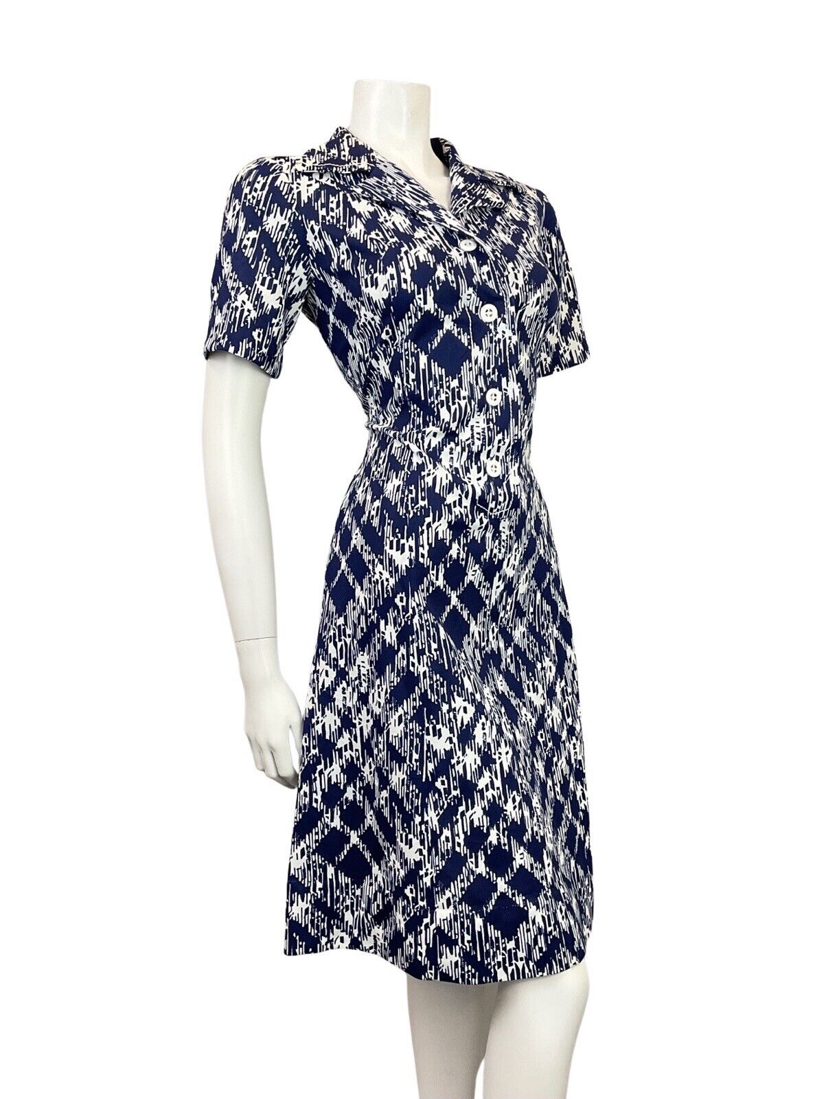 VINTAGE 60s 70s NAVY BLUE WHITE PSYCHEDELIC CHECKED PLAID DAGGER SHIRT DRESS 12