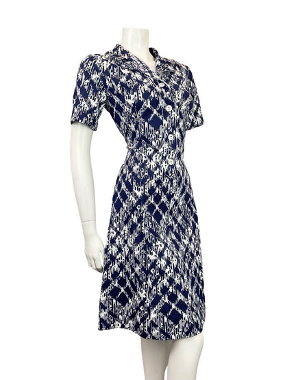 VINTAGE 60s 70s NAVY BLUE WHITE PSYCHEDELIC CHECKED PLAID DAGGER SHIRT DRESS 12