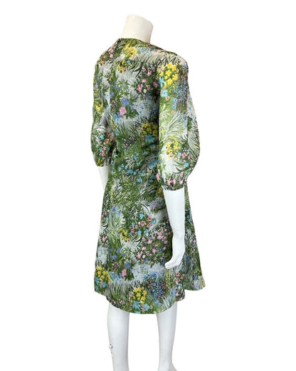 VINTAGE 60s 70s GREEN PINK BLUE GARDEN FLORAL GRASS SHEER FLOATY DRESS 12 14