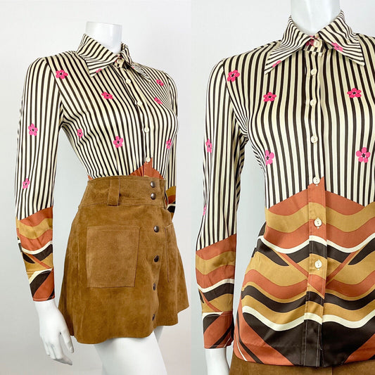 VINTAGE 60s 70s CREAM BROWN PINK STRIPED FLORAL WAVY MOD BOHO DAGGER SHIRT 8 10