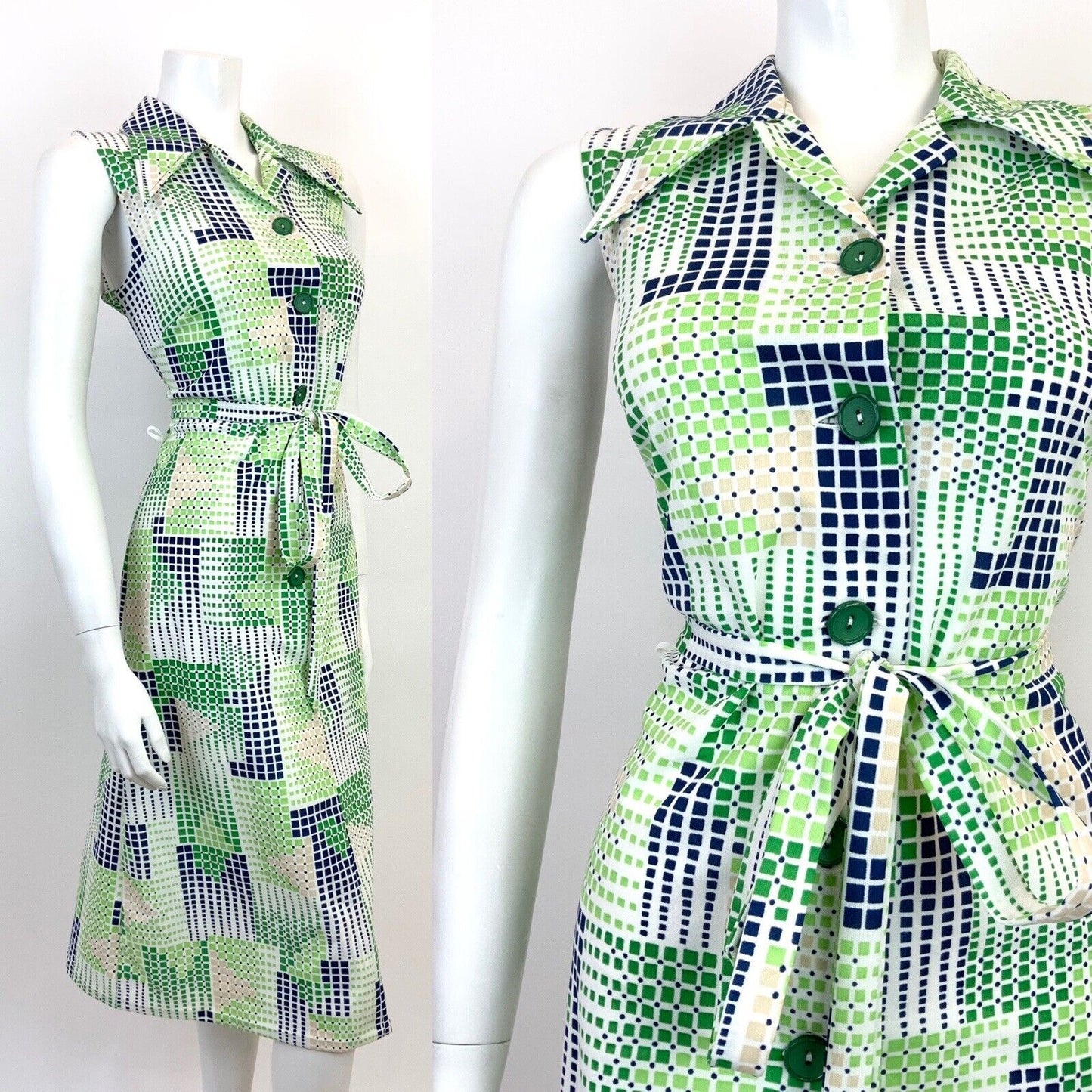 VINTAGE 60s 70s GREEN WHITE BLUE GEOMETRIC GRID CHECKED DAGGER SHIRT DRESS 12 14