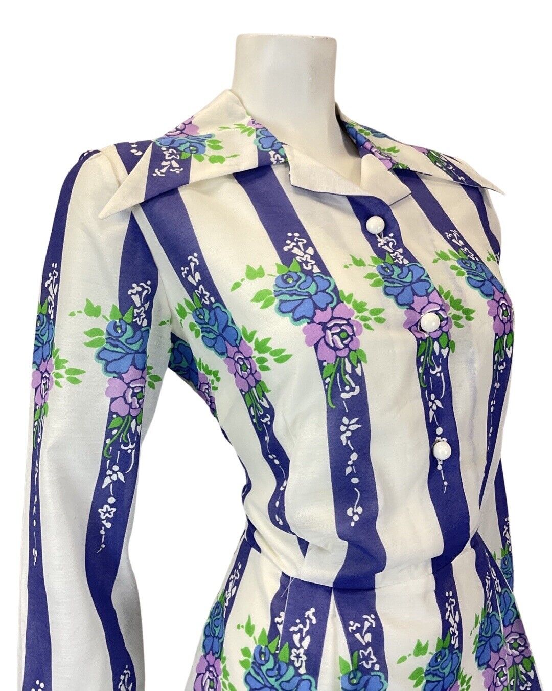 VINTAGE 60s 70s WHITE PURPLE BLUE STRIPED FLORAL WING COLLAR SHIRT DRESS 12 14