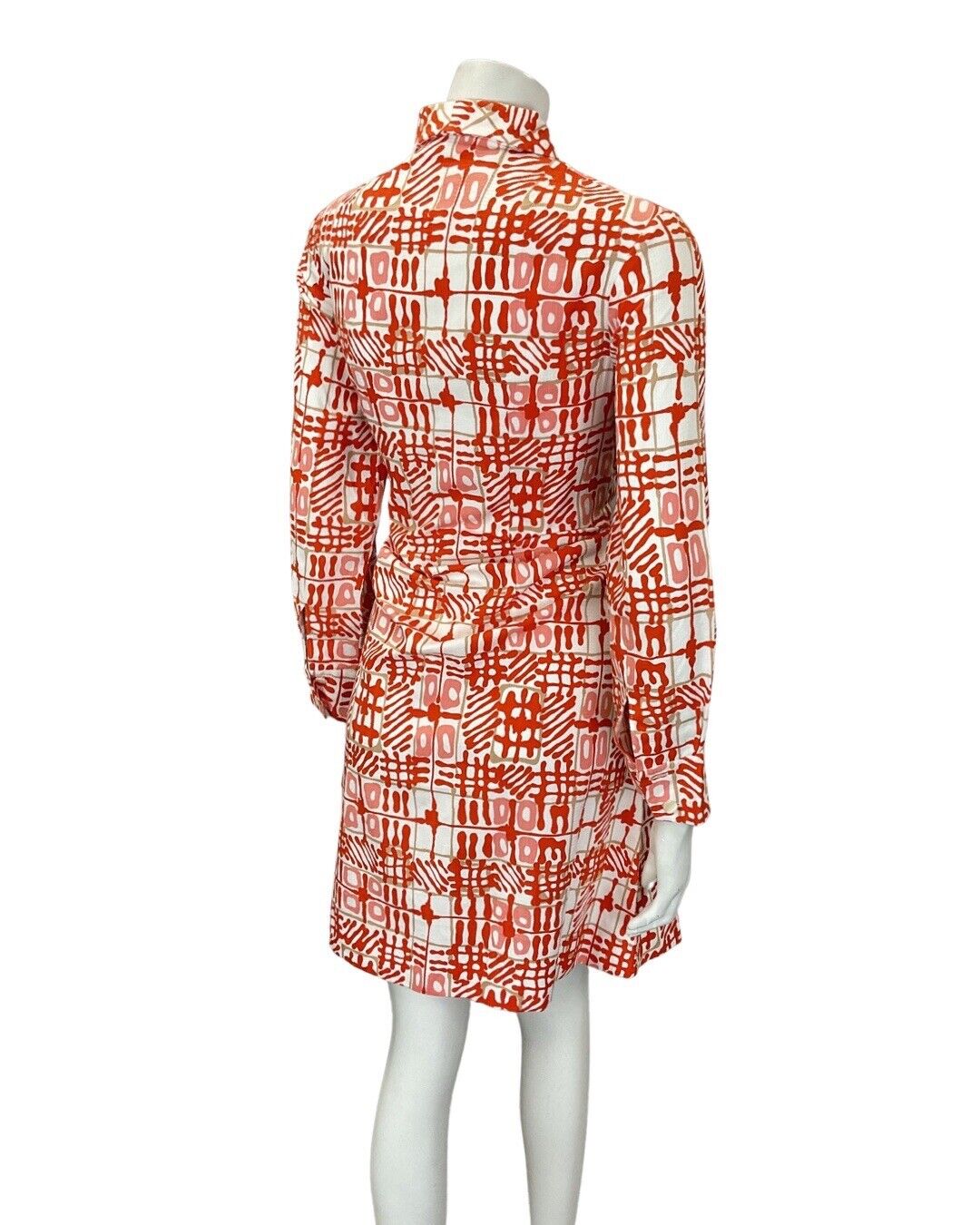 VINTAGE 60s 70s ORANGE PINK WHITE GEOMETRIC CHECKED DAGGER SHIRT DRESS 10