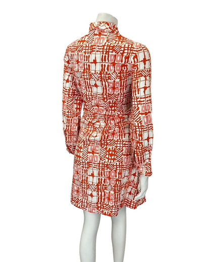 VINTAGE 60s 70s ORANGE PINK WHITE GEOMETRIC CHECKED DAGGER SHIRT DRESS 10
