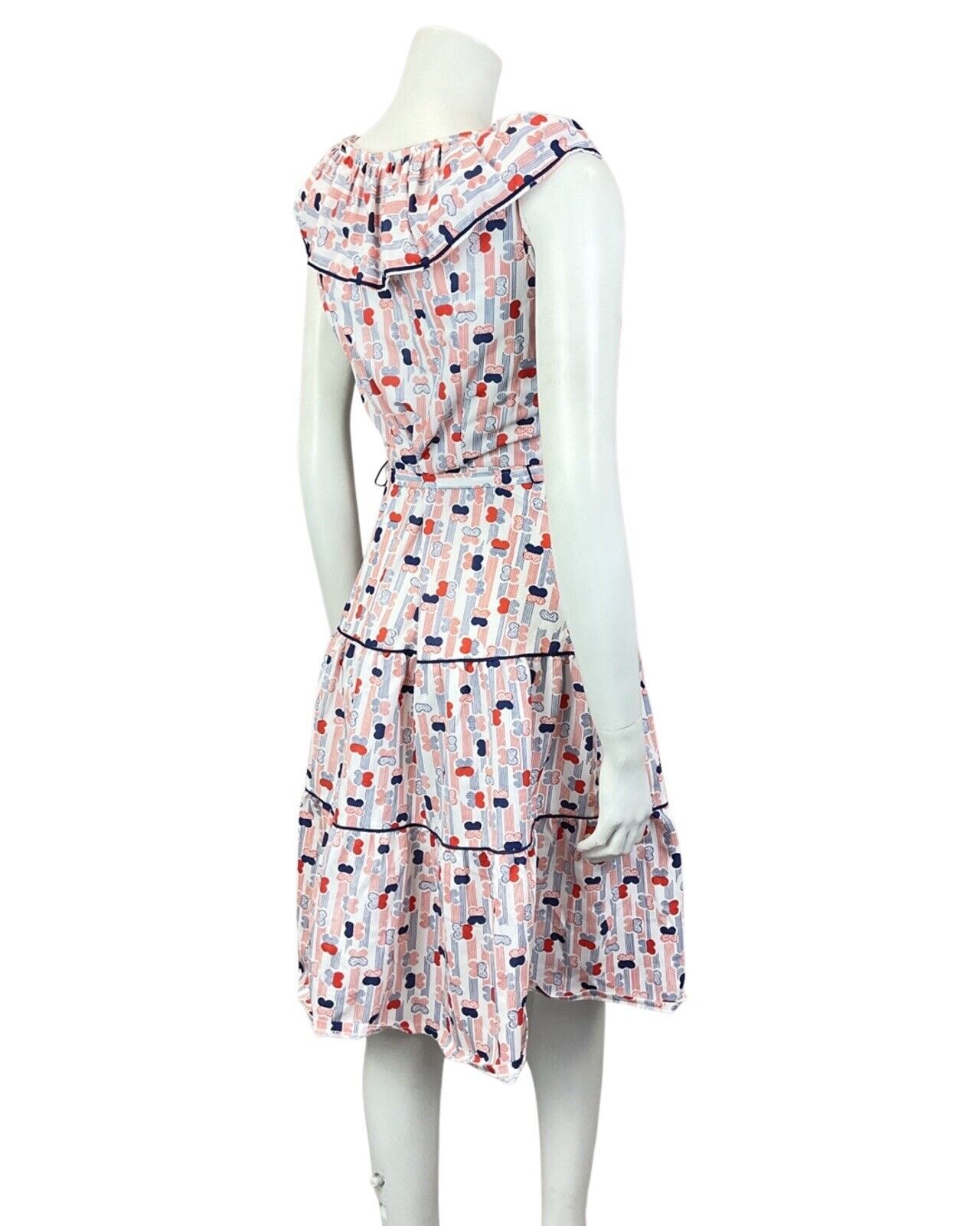 VINTAGE 60s 70s WHITE RED BLUE STRIPED BUTTERFLY SLEEVELESS SWING DRESS 8 10