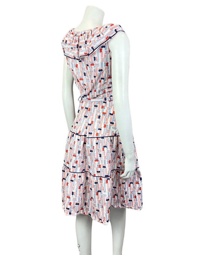 VINTAGE 60s 70s WHITE RED BLUE STRIPED BUTTERFLY SLEEVELESS SWING DRESS 8 10