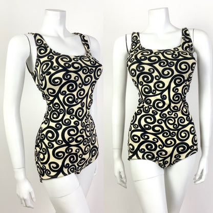 VTG 60s CREAM BLACK SWIRLING SCROLL MOD SWIM BODY BATHING SUIT 12 14