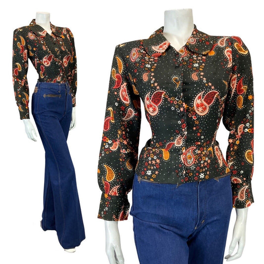 VINTAGE 60s 70s BLACK ORANGE RED PAISLEY FLORAL MOD PETER PAN COLLAR BLOUSE 8