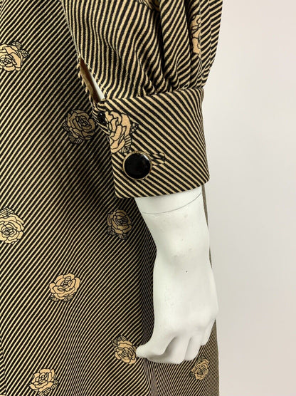 VINTAGE 60s 70s GOLD BLACK STRIPED ROSE FLORAL DAGGER SHIRT DRESS 10 12