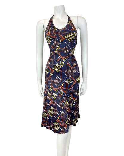 VINTAGE 60s 70s BLUE BROWN YELLOW GEOMETRIC MOD SUMMER HALTER DRESS 8