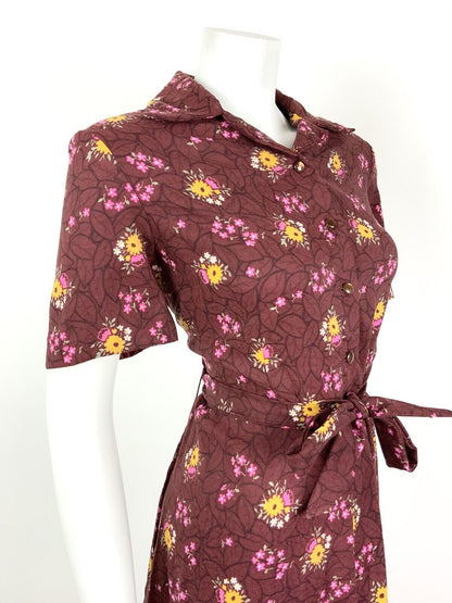 VINTAGE 60s 70s WINE RED YELLOW PINK LEAFY FLORAL DAGGER SHIRT DRESS 16 18