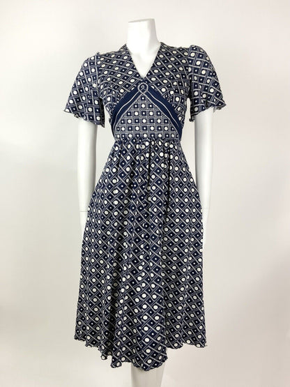 VINTAGE 60s 70s NAVY BLUE WHITE GRID ROPE DOTTY NAUTICAL SWING DRESS 10 12