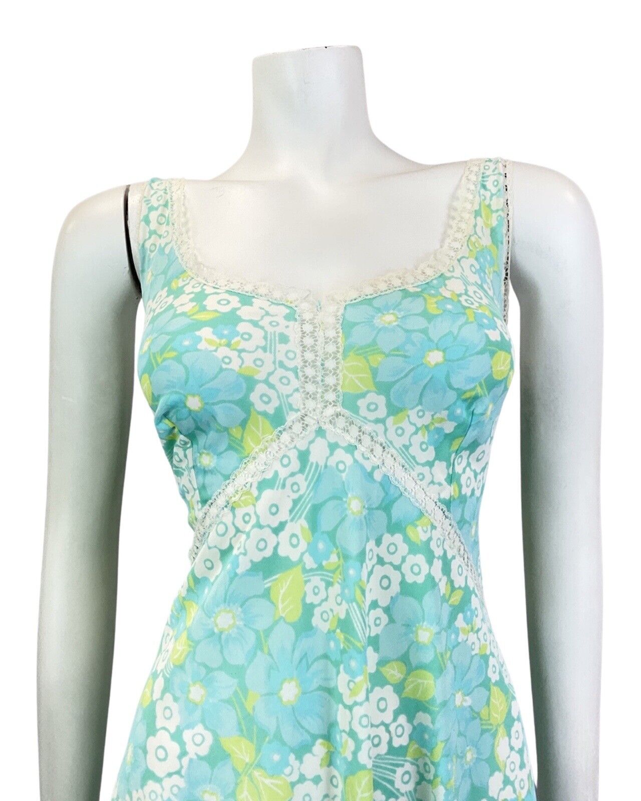 VINTAGE 60s 70s BLUE GREEN WHITE DAISY FLOWER LACE SUMMER NIGHT SLIP DRESS 14 16