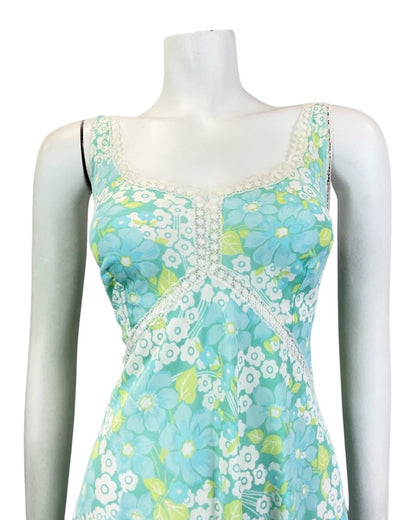 VINTAGE 60s 70s BLUE GREEN WHITE DAISY FLOWER LACE SUMMER NIGHT SLIP DRESS 14 16
