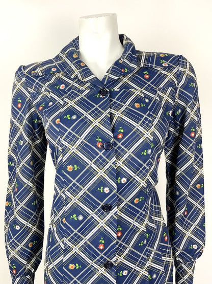 VTG 60s 70s BLUE WHITE SILVER RED PLAID CHECKED DAISY FLORAL SHIRT DRESS 12 14