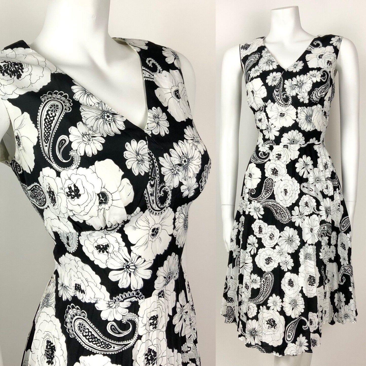 VINTAGE 60s 70s BLACK WHITE FLORAL PAISLEY SWIRL SLEEVELESS DRESS 12