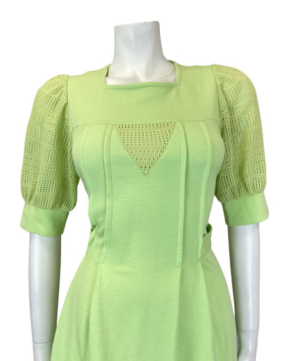 VINTAGE 60s 70s LIME GREEN CROCHETED KNITTED MOD PUFF SLEEVE SHORT DRESS 8 10