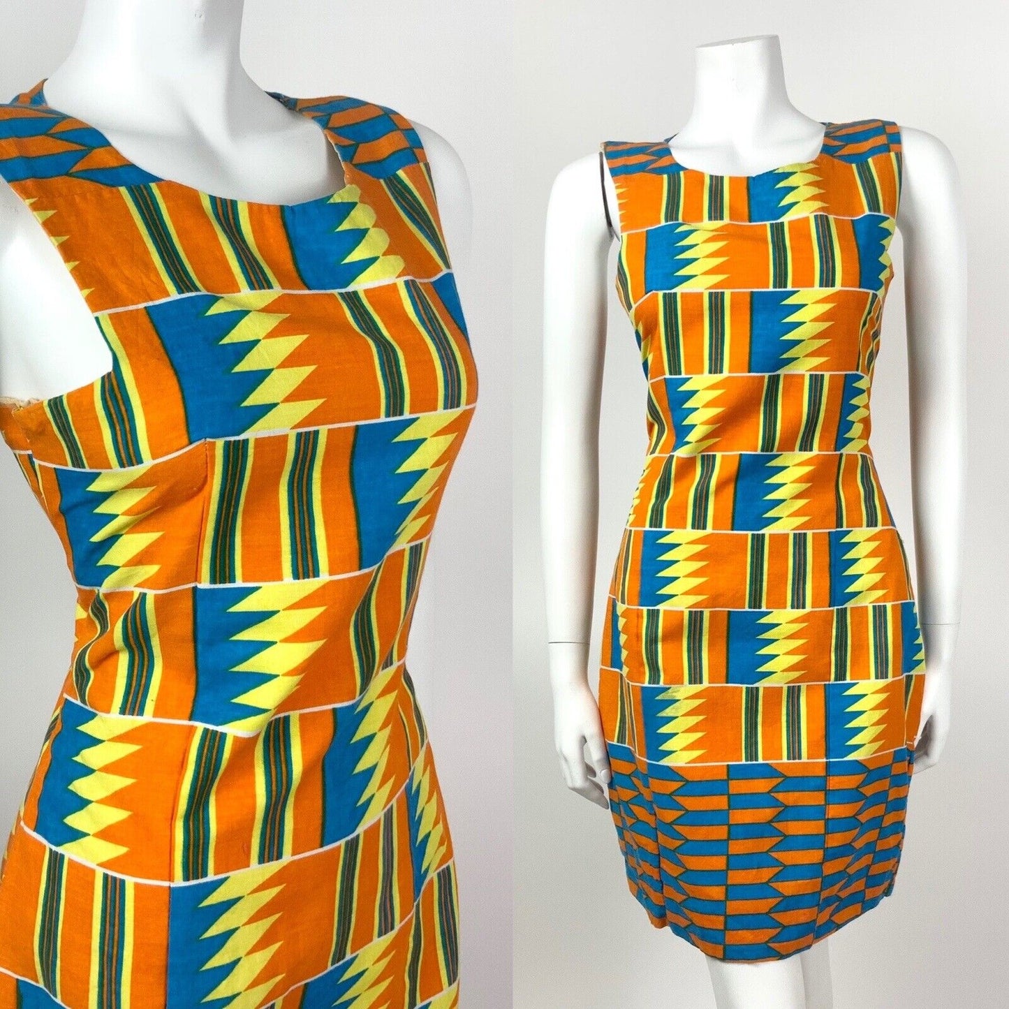 VINTAGE 60s 70s ORANGE YELLOW BLUE GEOMETRIC AZTEC SLEEVELESS SUMMER DRESS 10