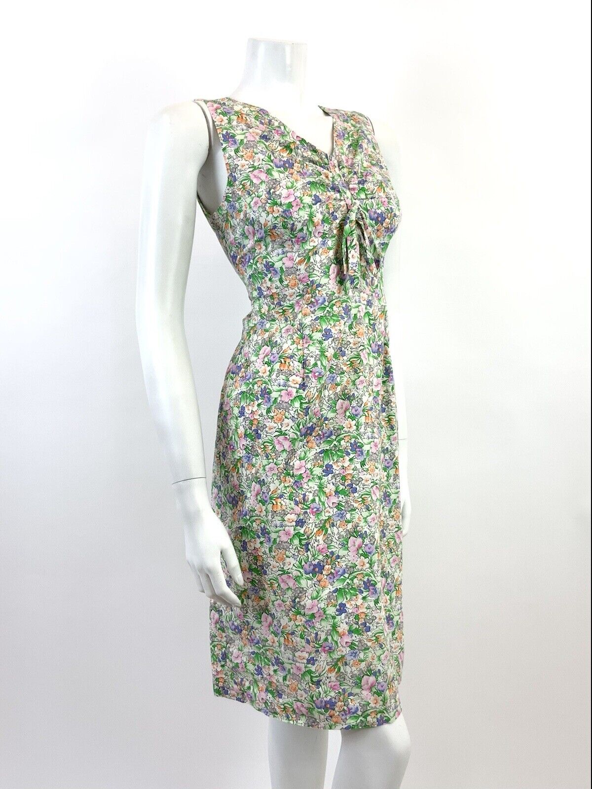 VTG 60s 70s GREEN PINK BLUE FLORAL GARDEN DITSY SLEEVELESS SUMMER DRESS 10 12