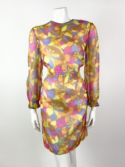VINTAGE 60s 70s YELLOW PINK PURPLE PSYCHEDELIC FLORAL SHEER MOD DRESS 12 14