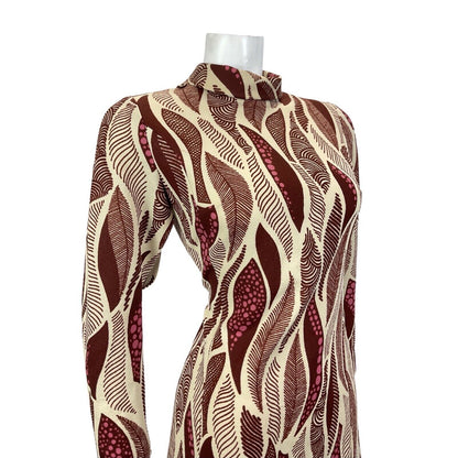 VINTAGE 60s 70s CREAM BROWN PINK PSYCHEDELIC FEATHER TURTLENECK MOD DRESS 10 12