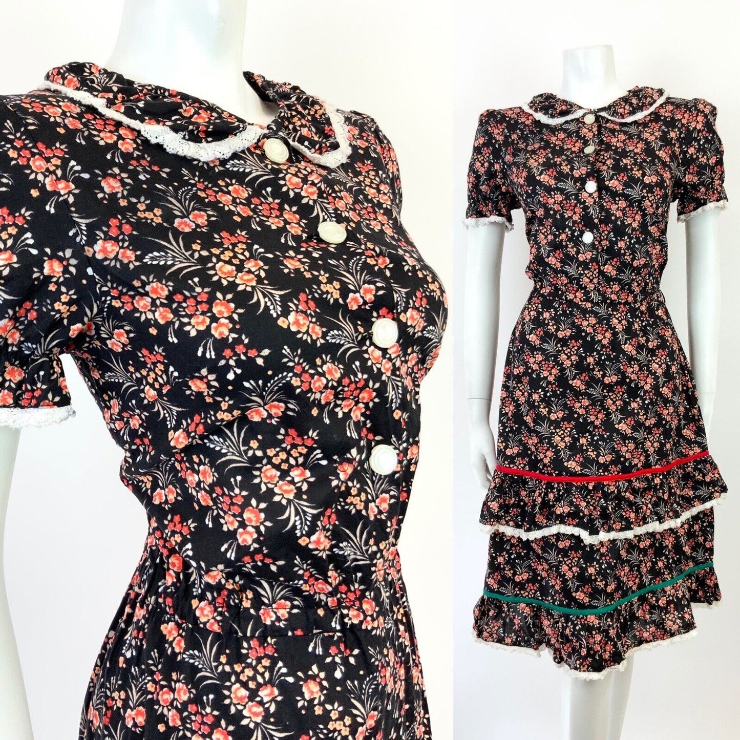 VINTAGE 60s 70s BLACK WHITE RED PEACH FLORAL DITSY PRAIRIE BOHO DRESS 8 10