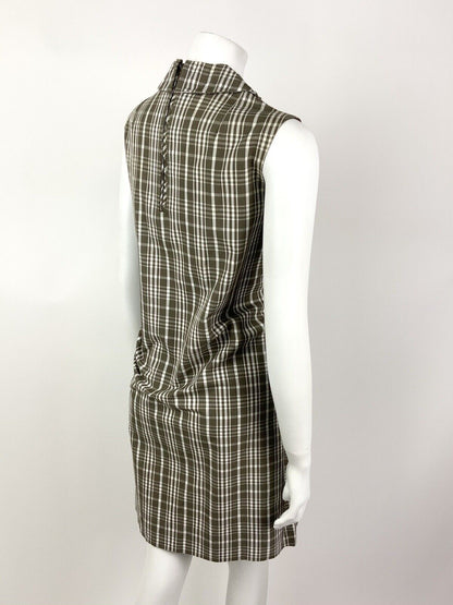 VINTAGE 60s 70s BROWN WHITE PLAID CHECKED LACE MOD SHIFT DRESS 12 14