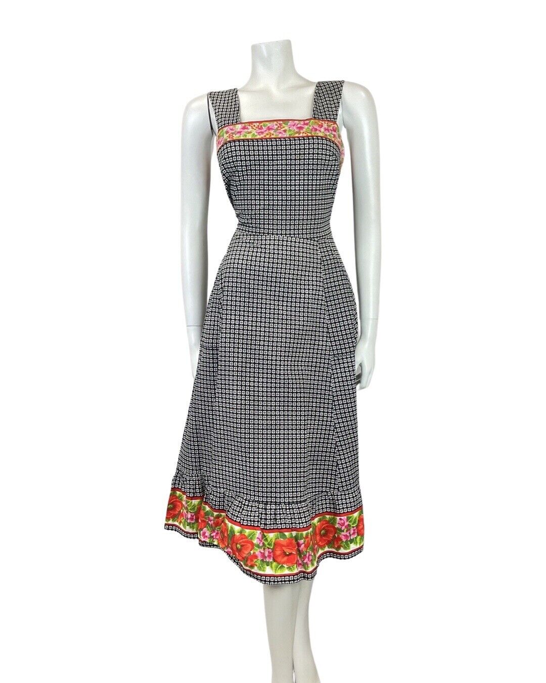 VINTAGE 70s BLACK WHITE RED GEOMETRIC FLORAL SLEEVELESS APRON SUMMER DRESS 8