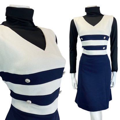VINTAGE 60s 70s NAVY BLUE WHITE STRIPED NAUTICAL MOD SLEEVELESS DRESS 12 14