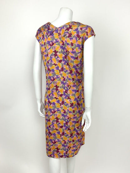 VTG 60s PINK PURPLE RED SILVER YELLOW ABSTRACT FLORAL SHIFT DRESS 14 16 18