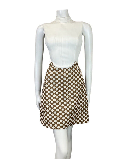 VINTAGE 60s 70s BROWN WHITE POLKA DOT MOD SLEEVELESS SUMMER DRESS 8 10